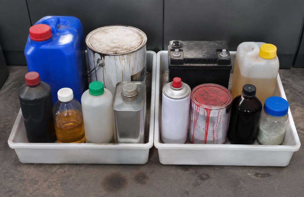 Chemical waste examples including bottles, tins and vehicle fluids