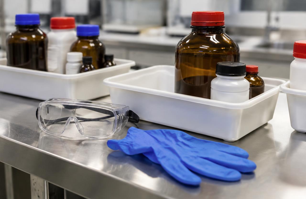 Hazardous chemical containers separated in trays