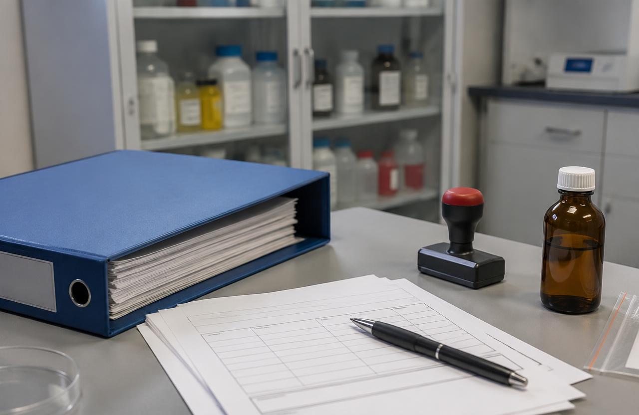 Blank collection forms and chemical records beside a sample bottle