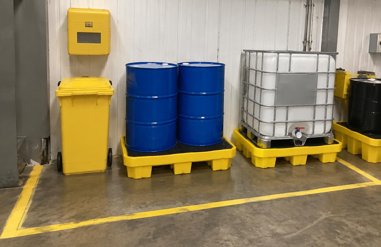 Bunded drums in a marked workplace chemical waste storage zone