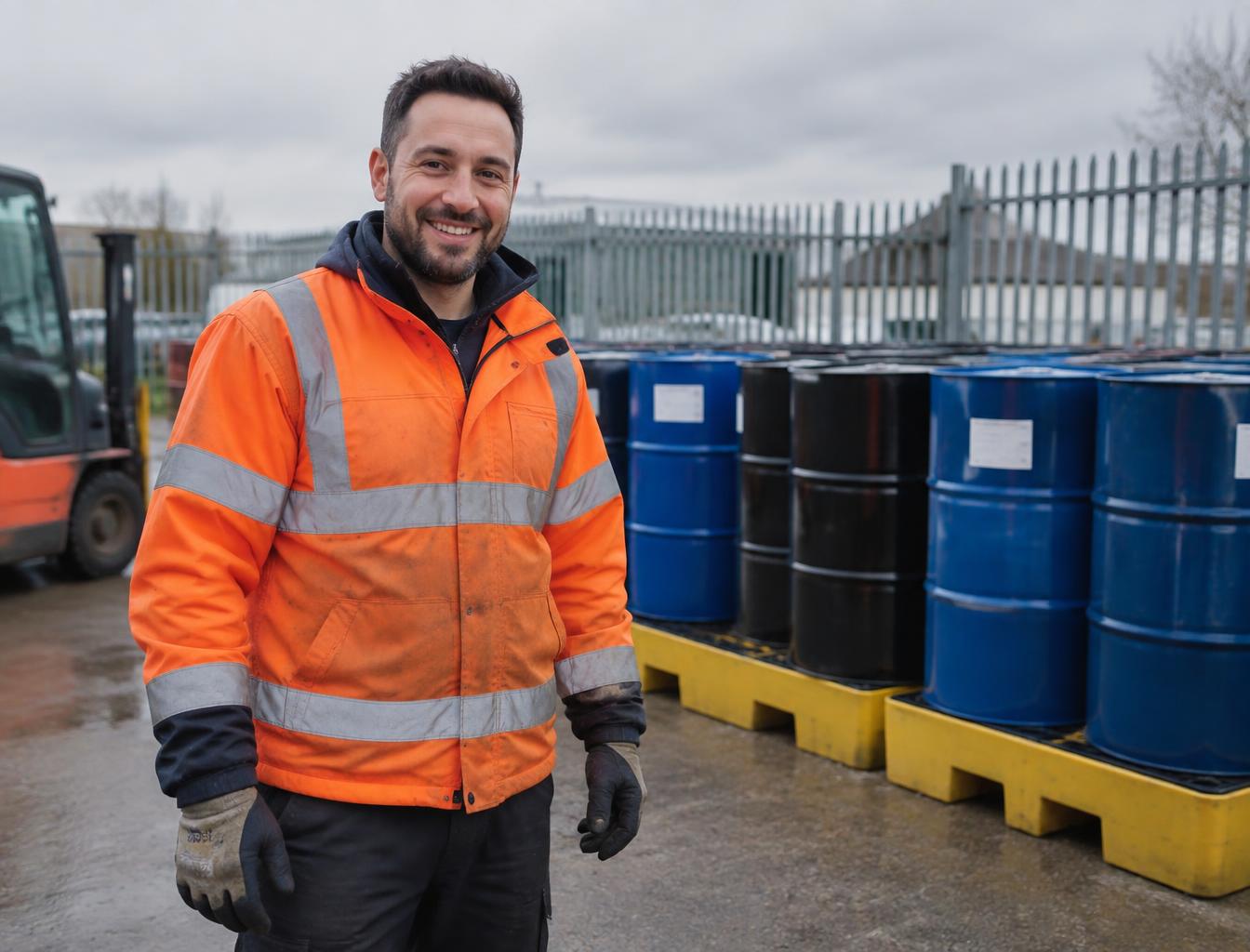 Smiling waste collection worker in high vis stood in front of oil drums at a site