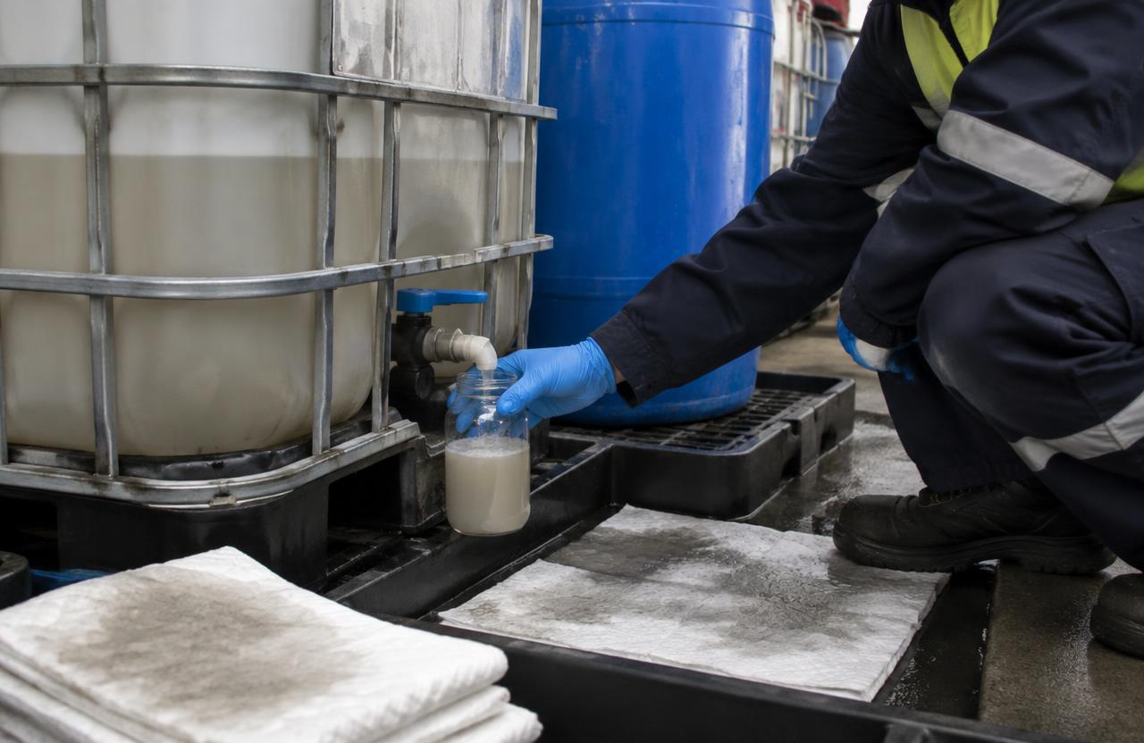 Machine coolant and soluble oil containers ready for collection