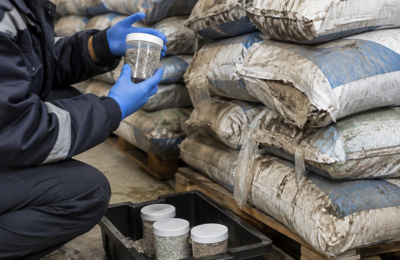Palletised fertiliser stock being assessed before collection