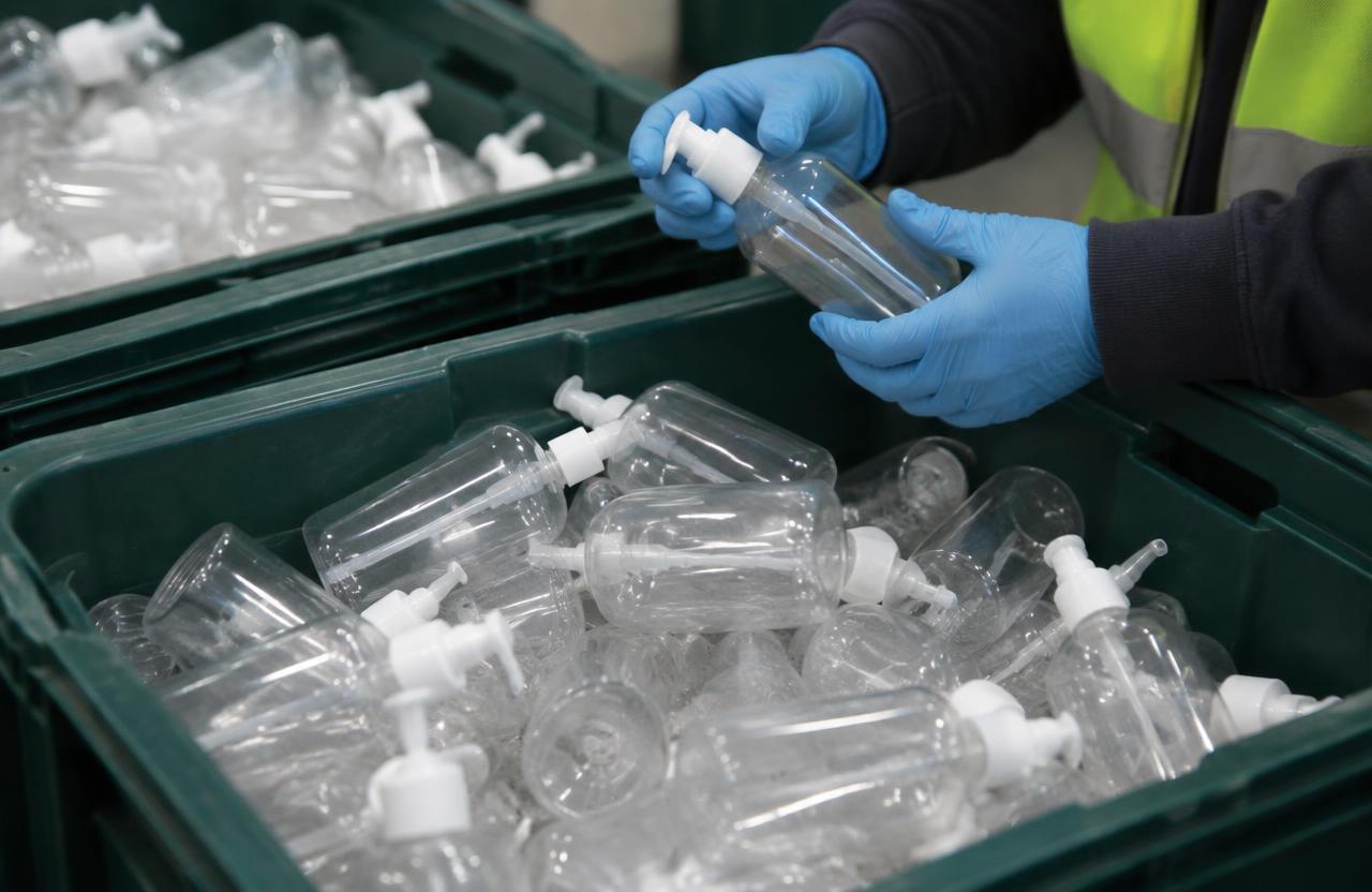 Alcohol hand sanitiser bottles separated for disposal