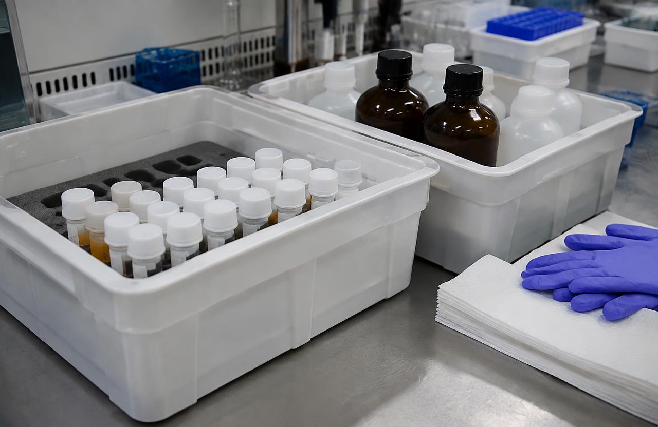 Small laboratory reagent bottles separated for disposal inventory