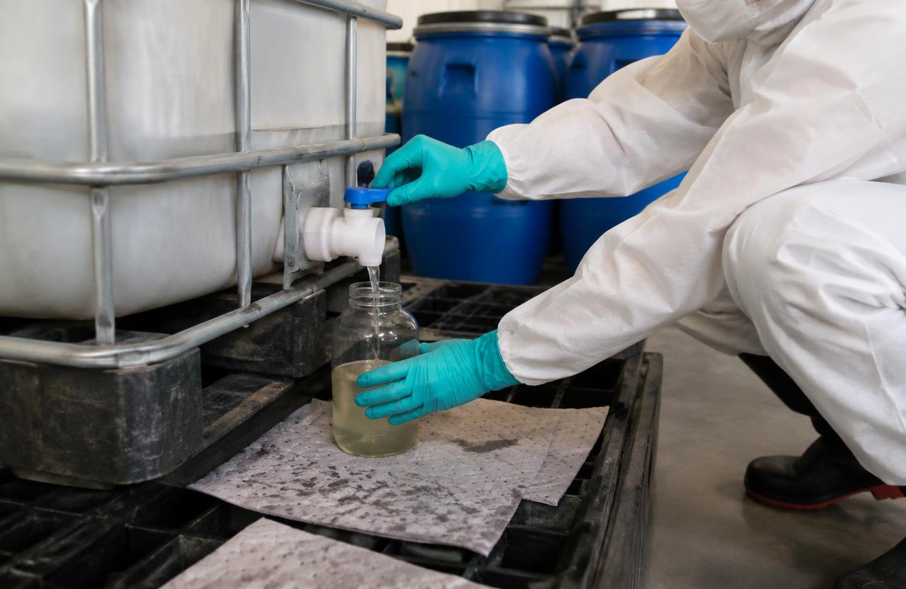 Drummed liquid chemical waste stored in a containment area