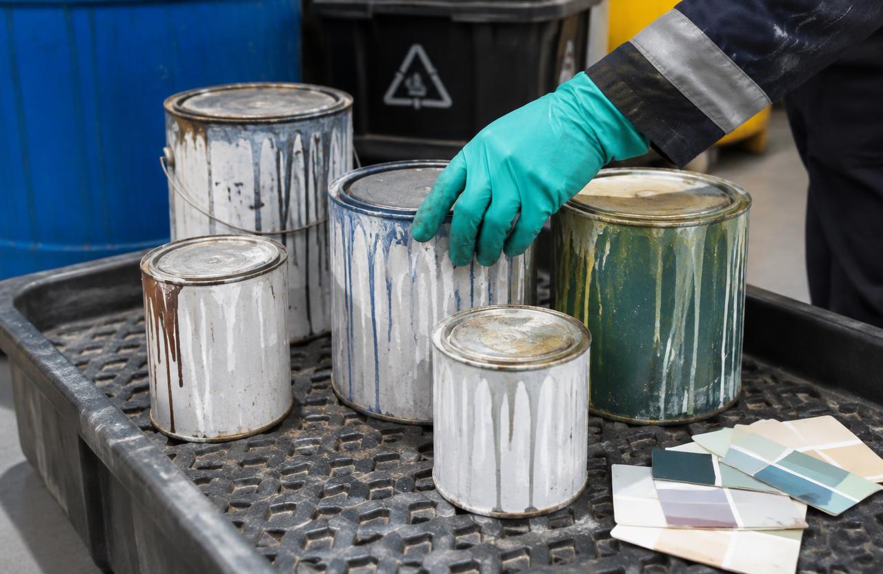 Paint residues and tins separated for disposal and recycling