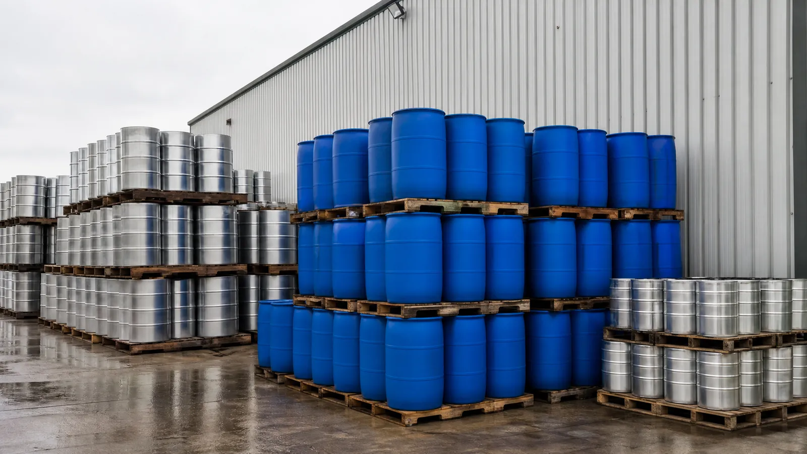 Empty plastic drums and metal tins stacked on pallets in an industrial yard