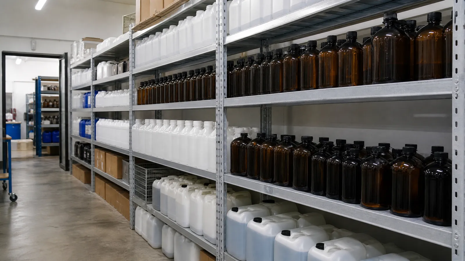 Sealed plastic containers and amber glass bottles on steel shelving in a clean commercial storeroom