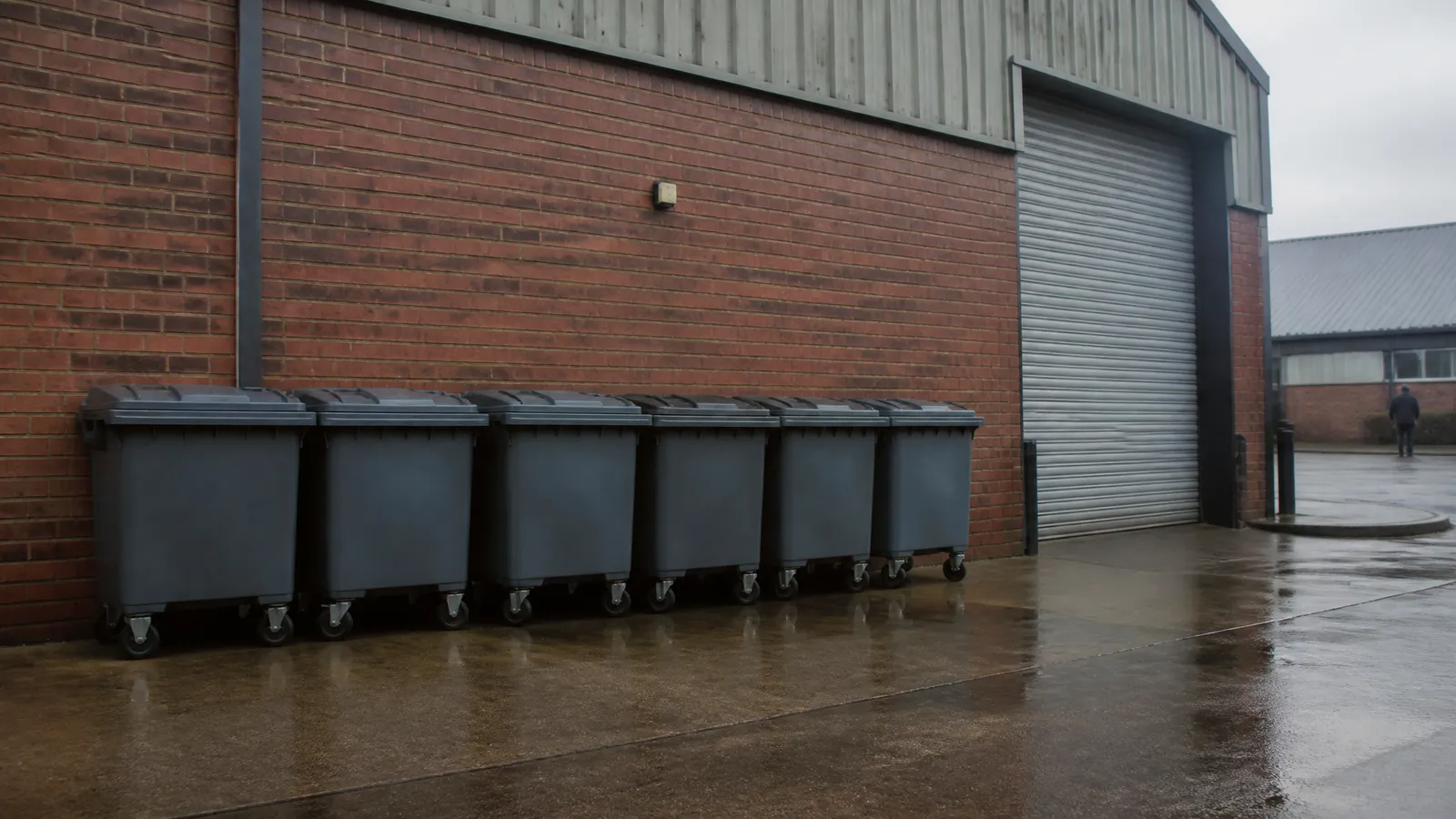 Closed commercial waste bins against a brick wall behind a business unit on a UK industrial estate