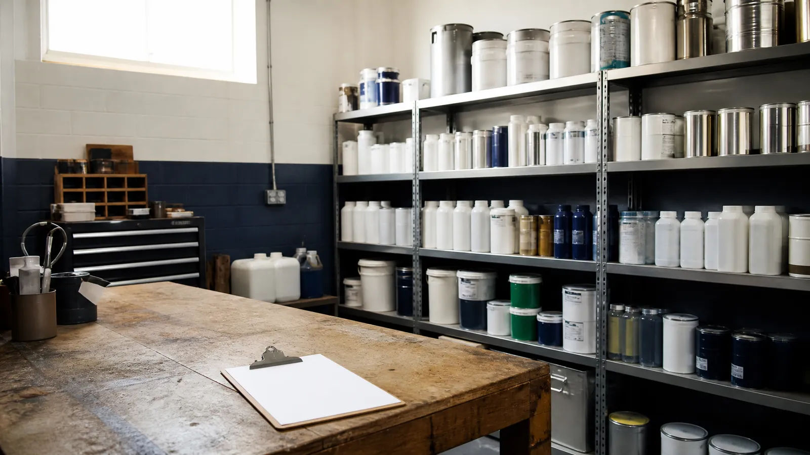 A tidy workshop storeroom with closed tins and bottles on metal shelving and a clipboard on a workbench