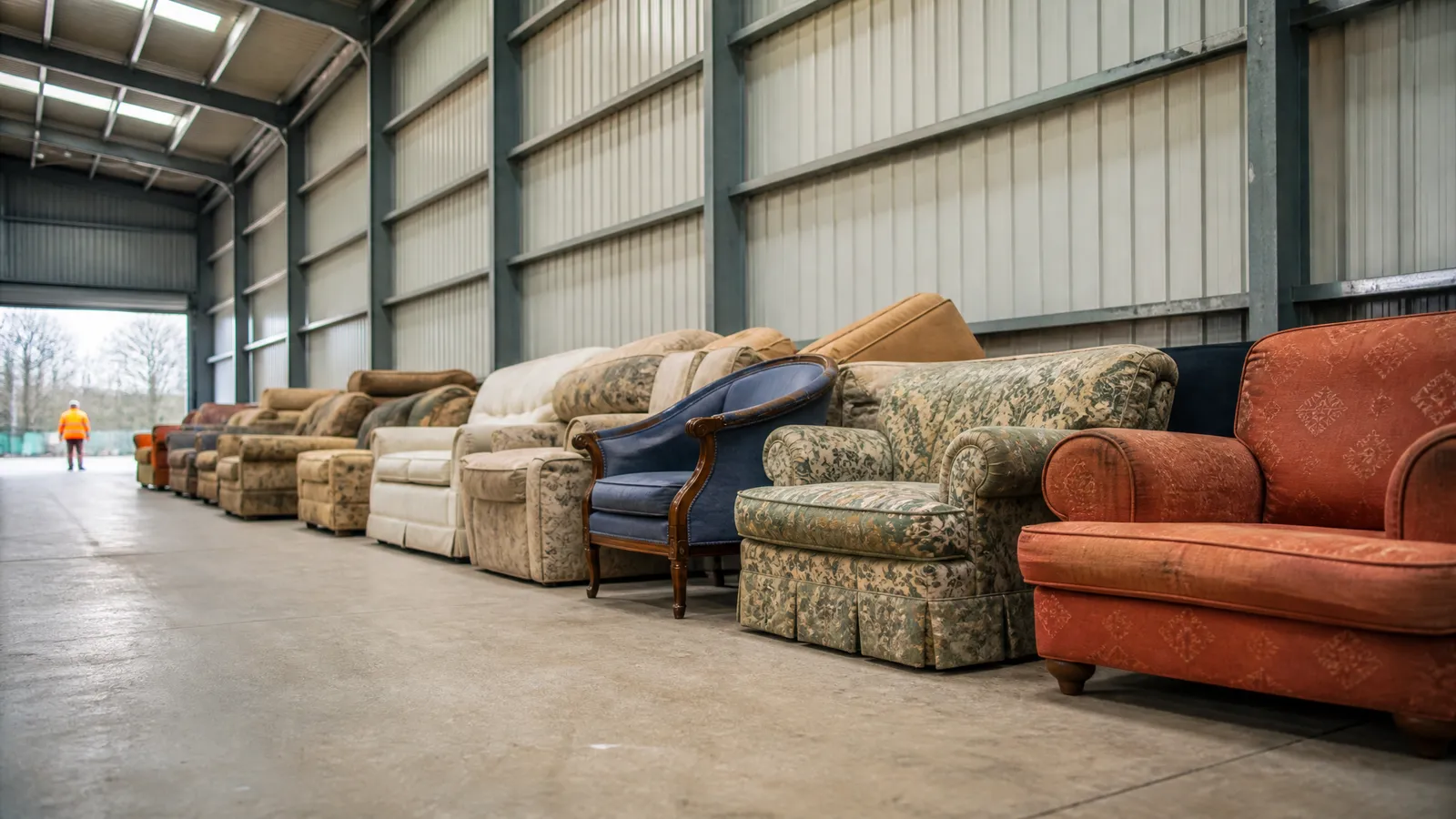 Old upholstered sofas and armchairs stored in a row inside a waste transfer building