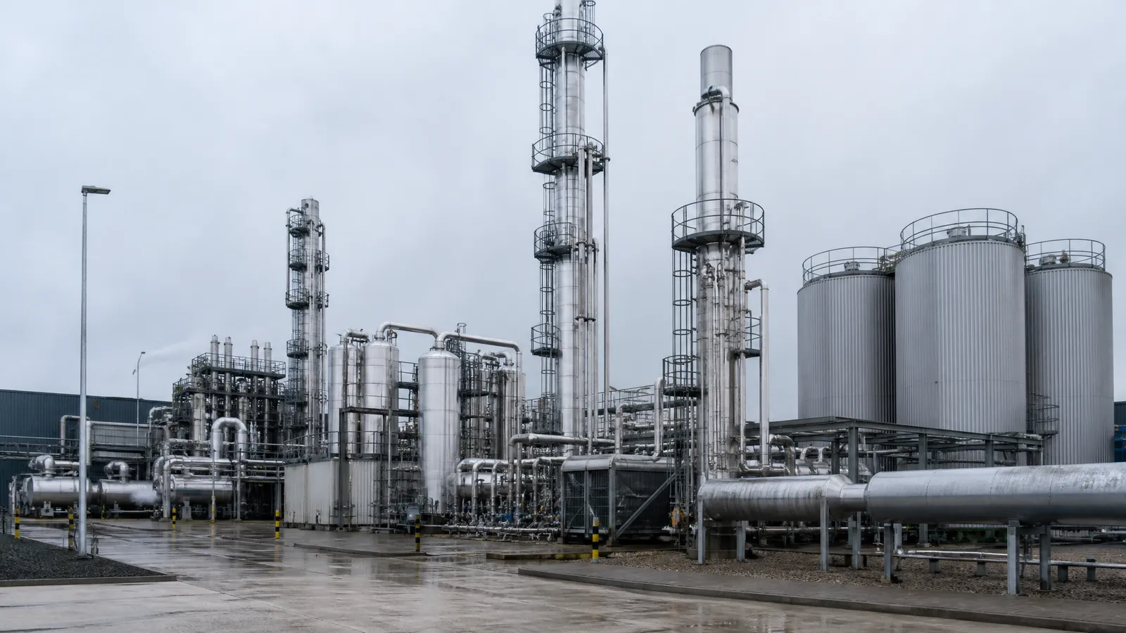 Stainless steel distillation columns and storage tanks at an industrial processing plant