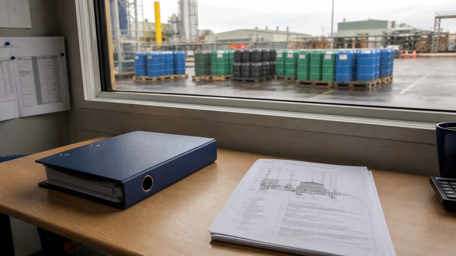 A ring binder and technical document on a site office desk with an industrial yard visible through the window